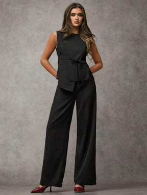 SJD MODA LADY conjunto fenda frontal com cinto luis twil top sem manga e calca larga elegante social morderno OL office chic