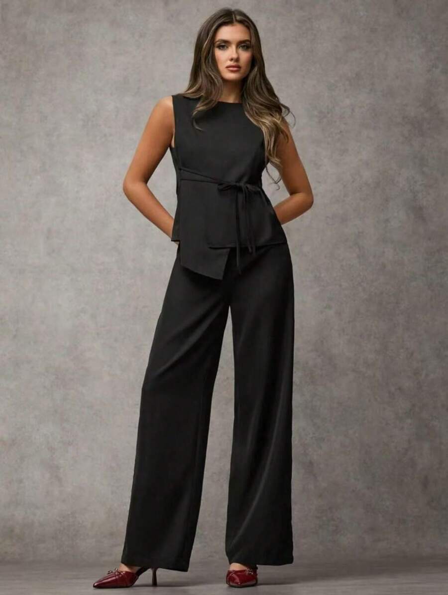 SJD MODA LADY conjunto fenda frontal com cinto luis twil top sem manga e calca larga elegante social morderno OL office chic