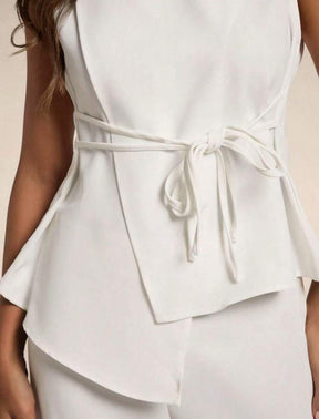 SJD MODA LADY conjunto fenda frontal com cinto luis twil top sem manga e calca larga elegante social morderno OL office chic