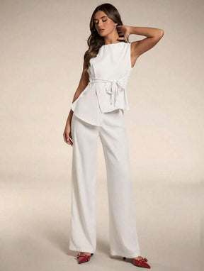 SJD MODA LADY conjunto fenda frontal com cinto luis twil top sem manga e calca larga elegante social morderno OL office chic