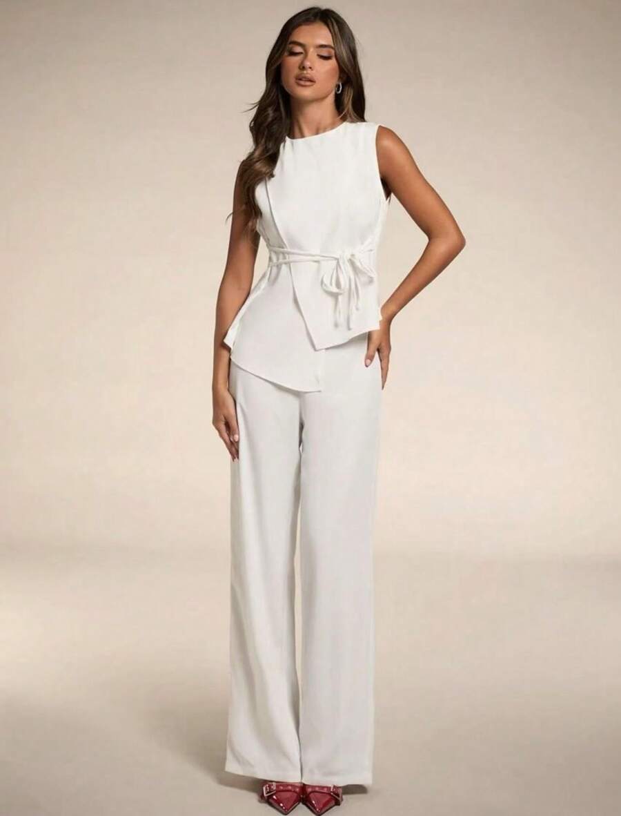 SJD MODA LADY conjunto fenda frontal com cinto luis twil top sem manga e calca larga elegante social morderno OL office chic