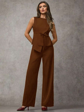 SJD MODA LADY conjunto fenda frontal com cinto luis twil top sem manga e calca larga elegante social morderno OL office chic