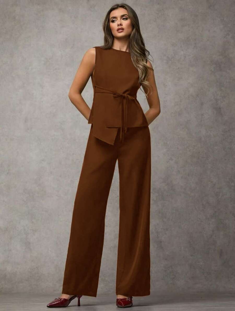 SJD MODA LADY conjunto fenda frontal com cinto luis twil top sem manga e calca larga elegante social morderno OL office chic