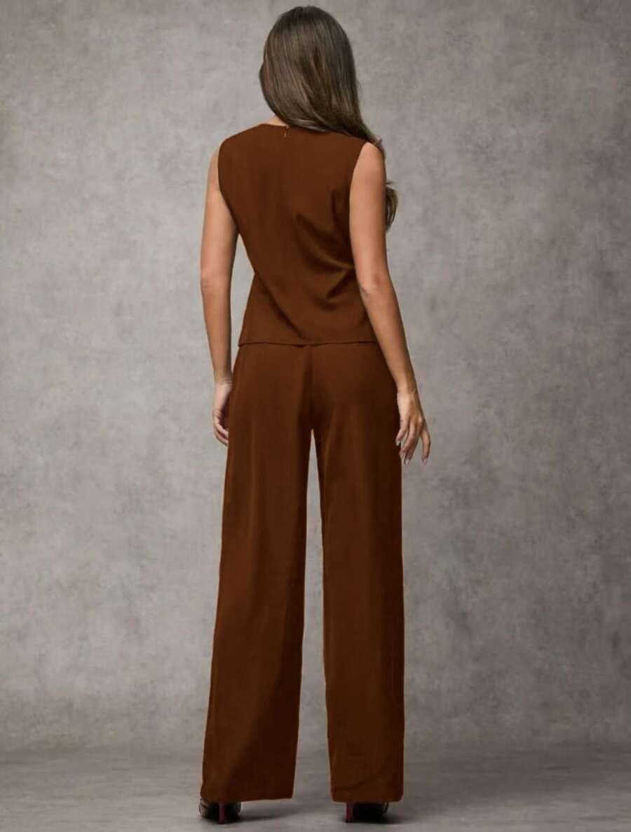 SJD MODA LADY conjunto fenda frontal com cinto luis twil top sem manga e calca larga elegante social morderno OL office chic