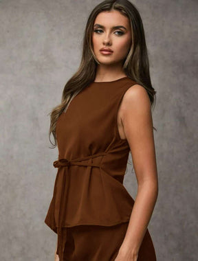 SJD MODA LADY conjunto fenda frontal com cinto luis twil top sem manga e calca larga elegante social morderno OL office chic