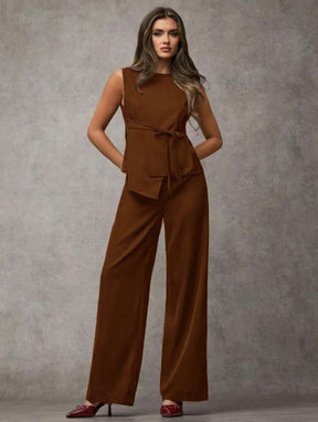 SJD MODA LADY conjunto fenda frontal com cinto luis twil top sem manga e calca larga elegante social morderno OL office chic