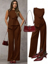 SJD MODA LADY conjunto fenda frontal com cinto luis twil top sem manga e calca larga elegante social morderno OL office chic