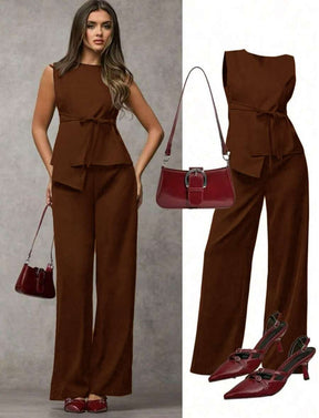 SJD MODA LADY conjunto fenda frontal com cinto luis twil top sem manga e calca larga elegante social morderno OL office chic