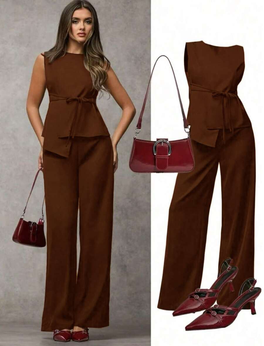 SJD MODA LADY conjunto fenda frontal com cinto luis twil top sem manga e calca larga elegante social morderno OL office chic