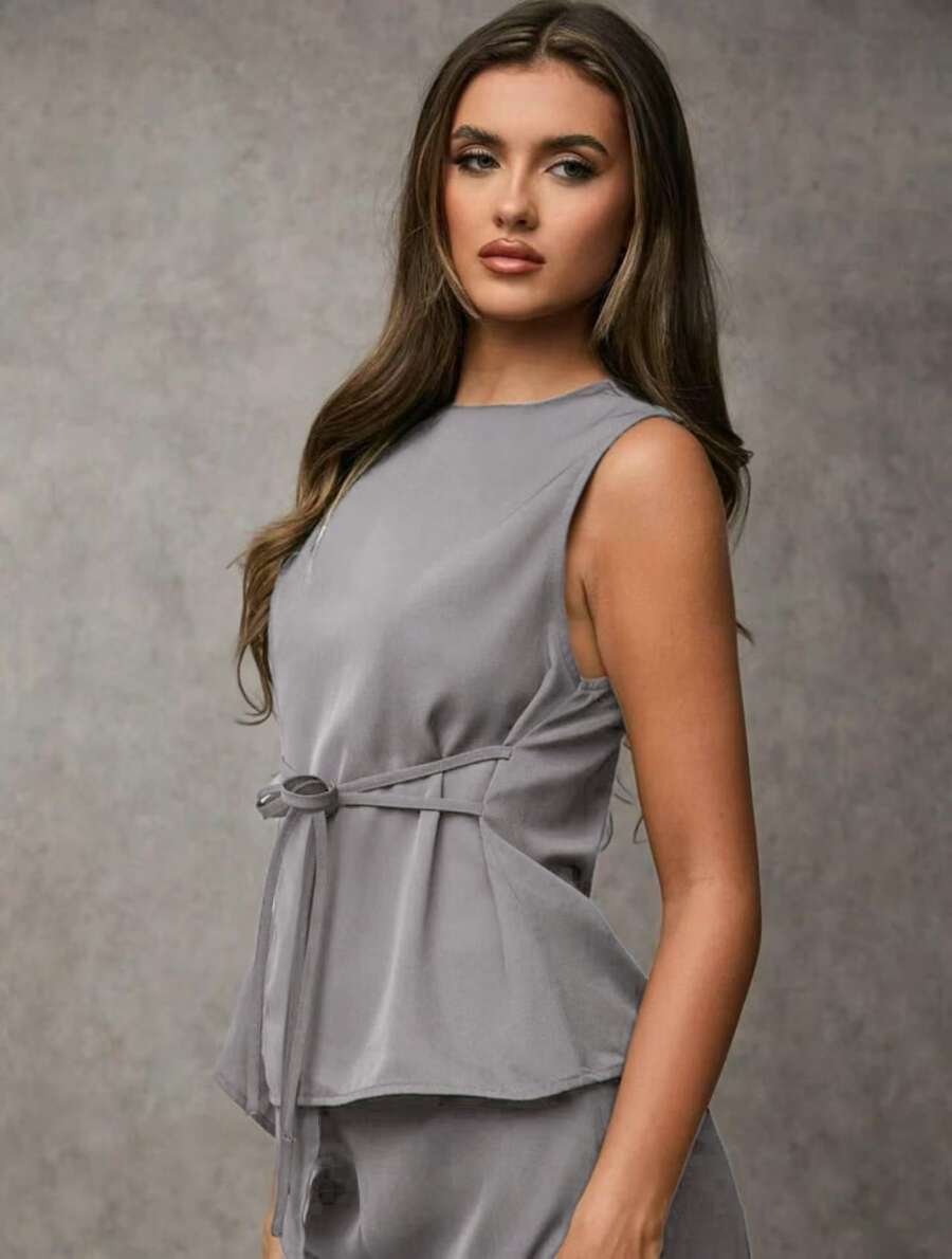 SJD MODA LADY conjunto fenda frontal com cinto luis twil top sem manga e calca larga elegante social morderno OL office chic