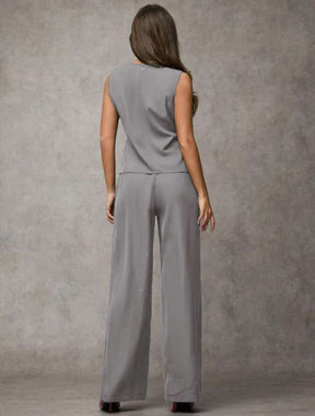 SJD MODA LADY conjunto fenda frontal com cinto luis twil top sem manga e calca larga elegante social morderno OL office chic