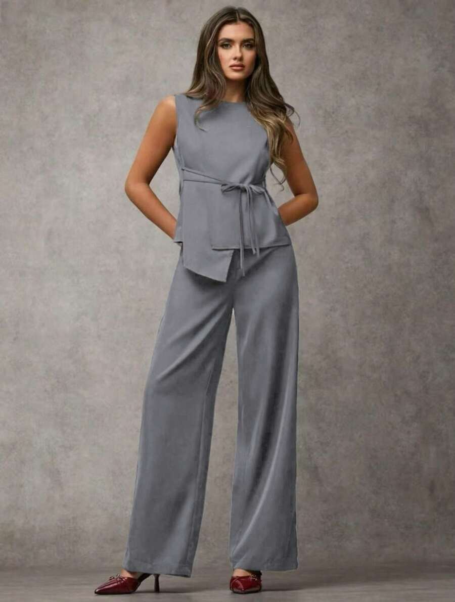 SJD MODA LADY conjunto fenda frontal com cinto luis twil top sem manga e calca larga elegante social morderno OL office chic
