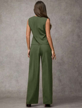 SJD MODA LADY conjunto fenda frontal com cinto luis twil top sem manga e calca larga elegante social morderno OL office chic
