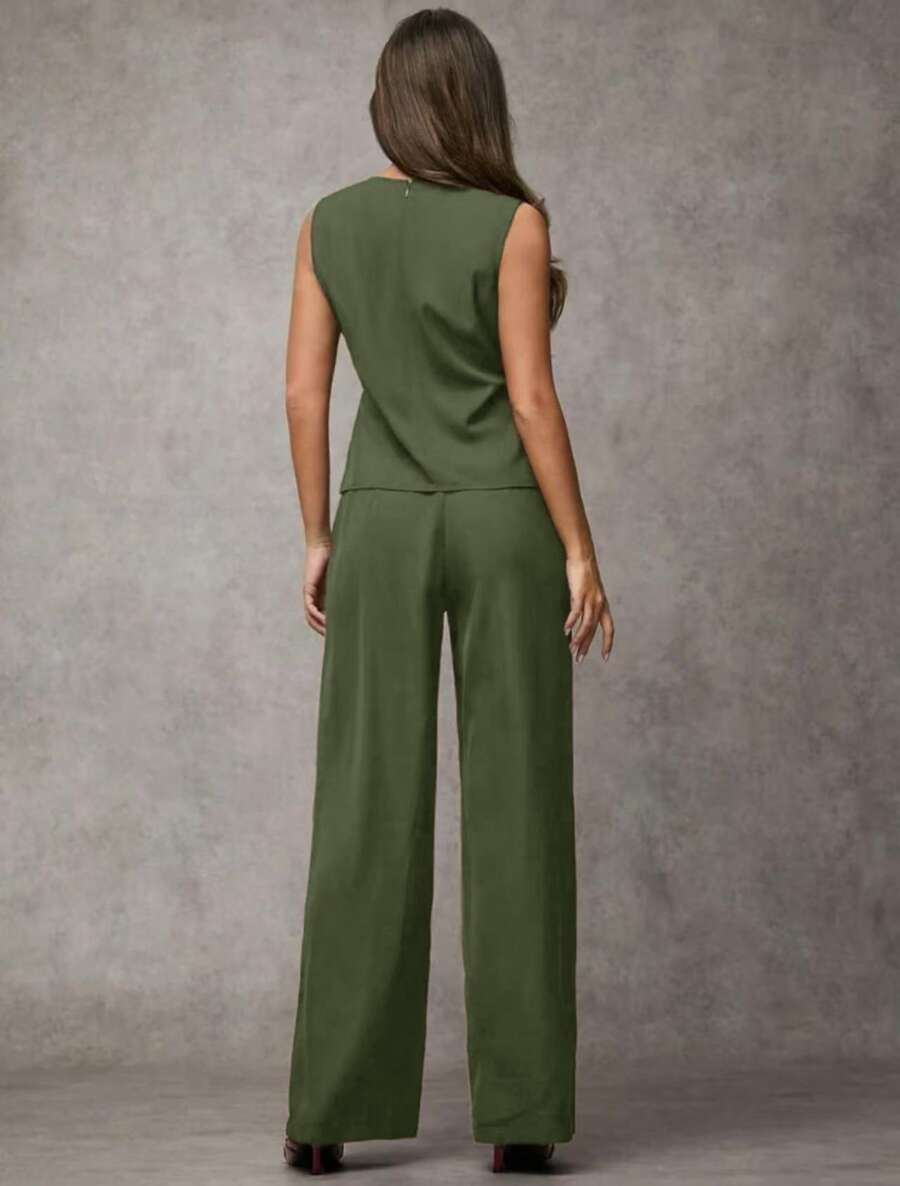 SJD MODA LADY conjunto fenda frontal com cinto luis twil top sem manga e calca larga elegante social morderno OL office chic