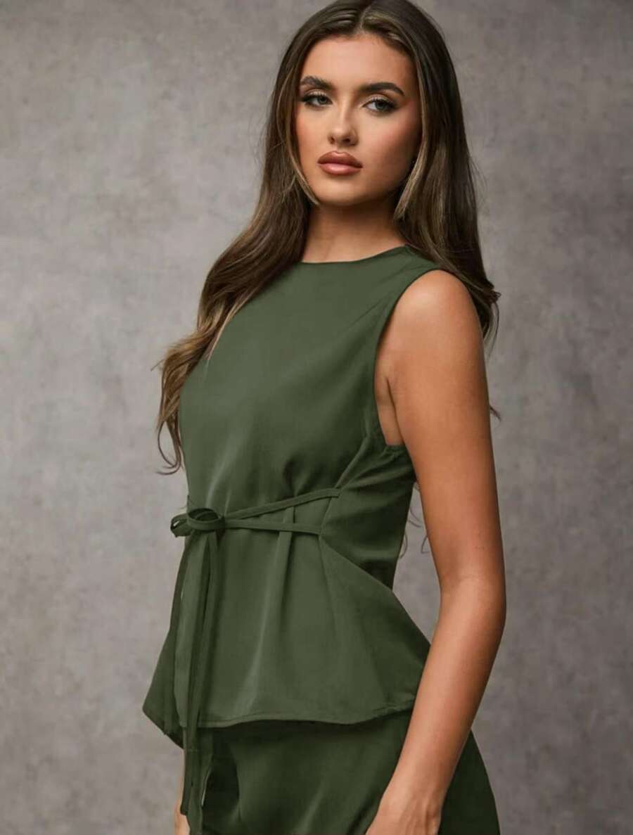 SJD MODA LADY conjunto fenda frontal com cinto luis twil top sem manga e calca larga elegante social morderno OL office chic