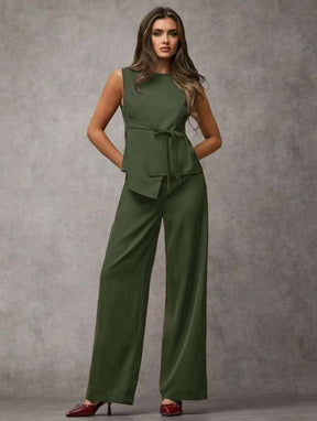 SJD MODA LADY conjunto fenda frontal com cinto luis twil top sem manga e calca larga elegante social morderno OL office chic