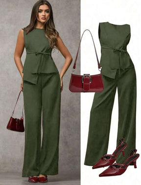 SJD MODA LADY conjunto fenda frontal com cinto luis twil top sem manga e calca larga elegante social morderno OL office chic