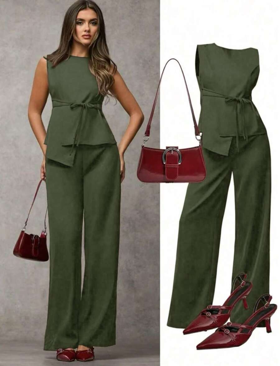 SJD MODA LADY conjunto fenda frontal com cinto luis twil top sem manga e calca larga elegante social morderno OL office chic