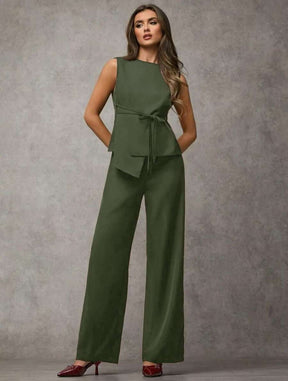 SJD MODA LADY conjunto fenda frontal com cinto luis twil top sem manga e calca larga elegante social morderno OL office chic
