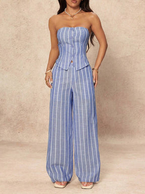 SHEIN PETITE 2 Peças Conjunto de Top Tubinho Listrado Minimalista e Calça Pantalona Feminino, Estilo Commuter, Verão