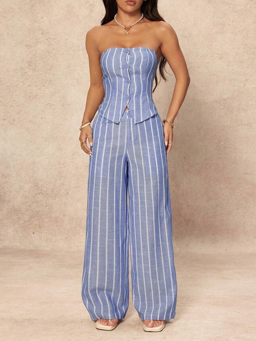SHEIN PETITE 2 Peças Conjunto de Top Tubinho Listrado Minimalista e Calça Pantalona Feminino, Estilo Commuter, Verão