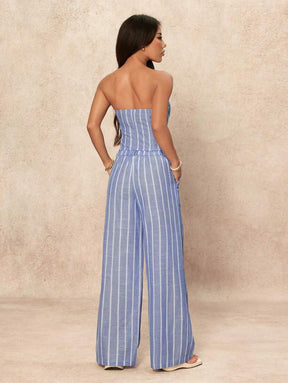 SHEIN PETITE 2 Peças Conjunto de Top Tubinho Listrado Minimalista e Calça Pantalona Feminino, Estilo Commuter, Verão
