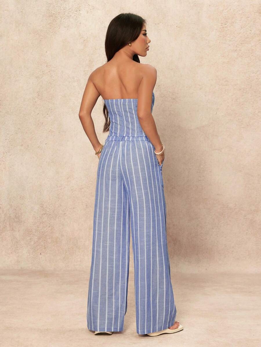SHEIN PETITE 2 Peças Conjunto de Top Tubinho Listrado Minimalista e Calça Pantalona Feminino, Estilo Commuter, Verão