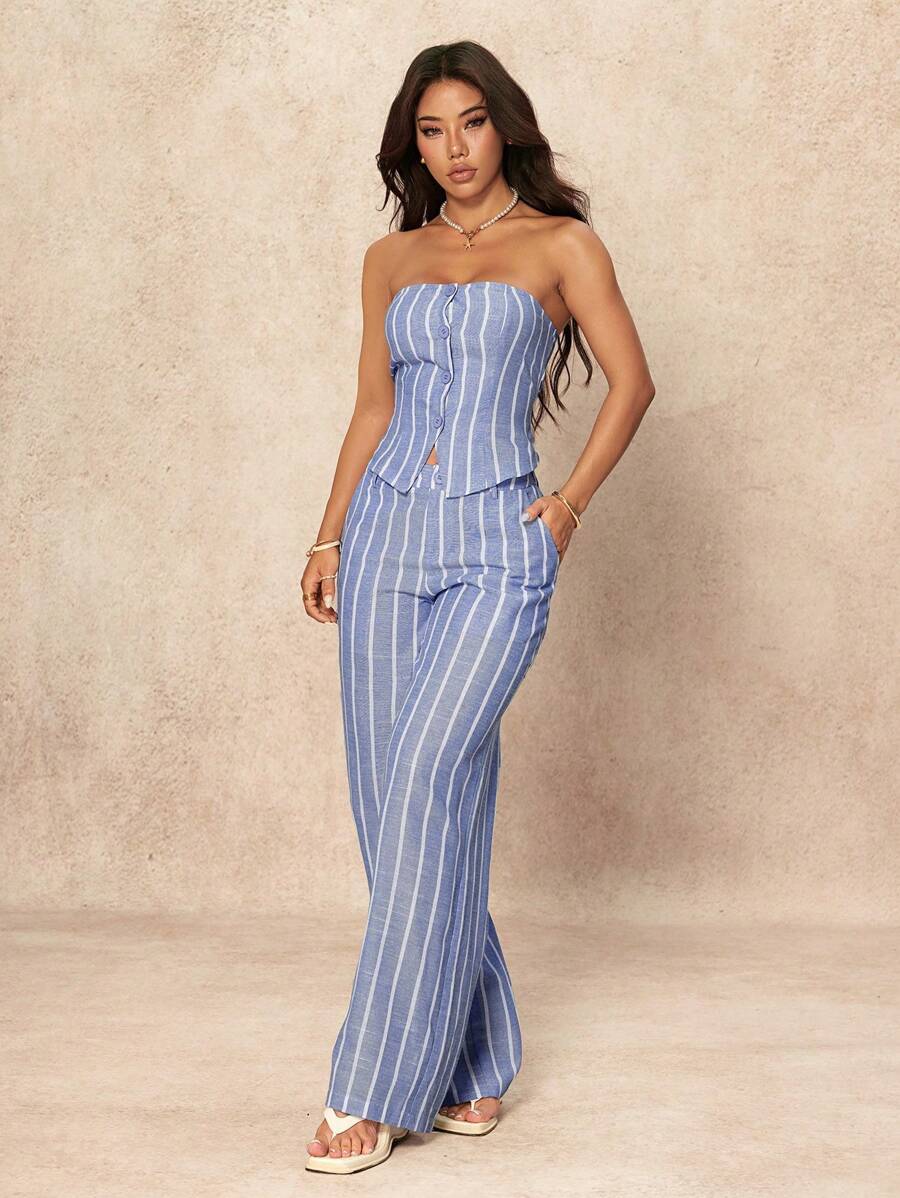 SHEIN PETITE 2 Peças Conjunto de Top Tubinho Listrado Minimalista e Calça Pantalona Feminino, Estilo Commuter, Verão