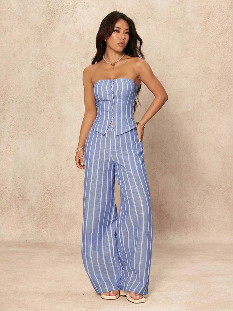 SHEIN PETITE 2 Peças Conjunto de Top Tubinho Listrado Minimalista e Calça Pantalona Feminino, Estilo Commuter, Verão