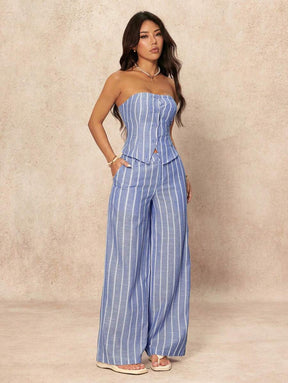 SHEIN PETITE 2 Peças Conjunto de Top Tubinho Listrado Minimalista e Calça Pantalona Feminino, Estilo Commuter, Verão