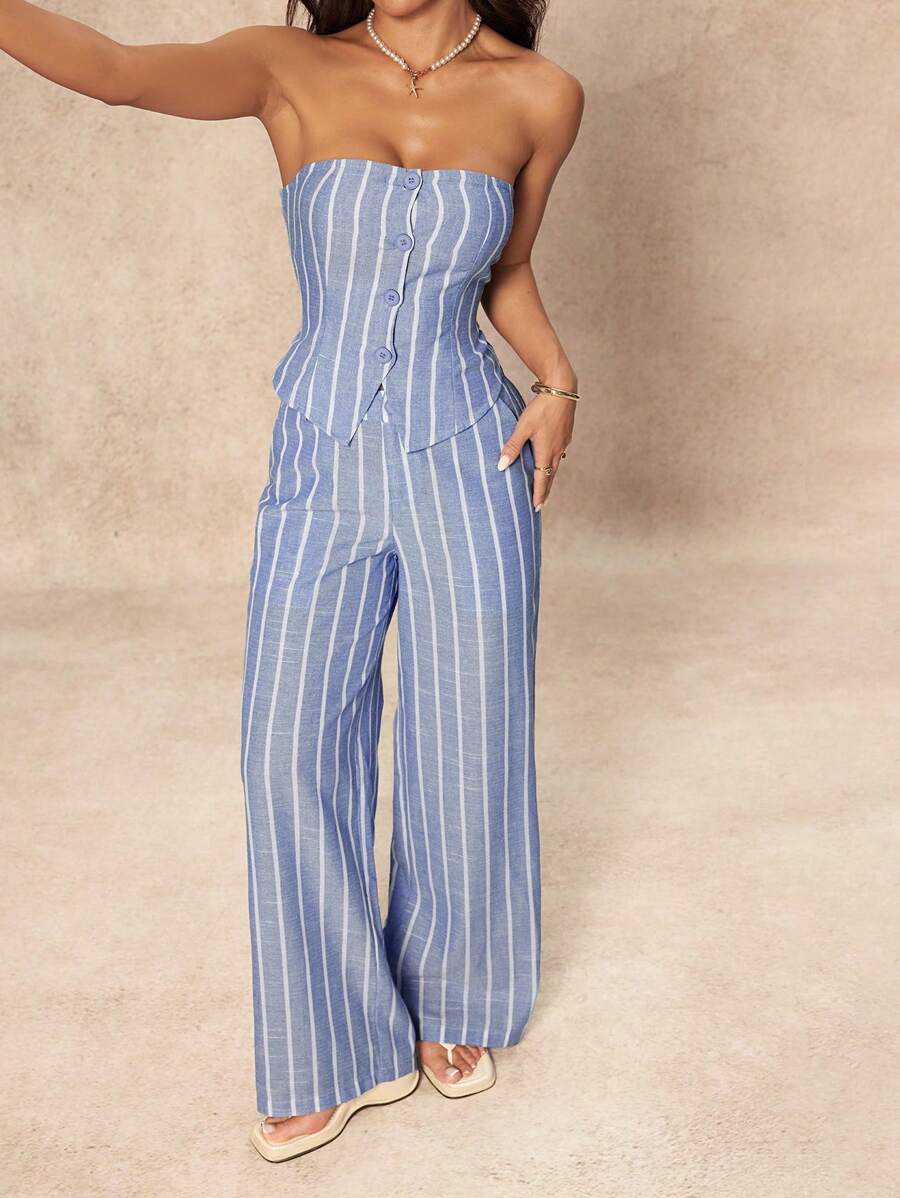 SHEIN PETITE 2 Peças Conjunto de Top Tubinho Listrado Minimalista e Calça Pantalona Feminino, Estilo Commuter, Verão