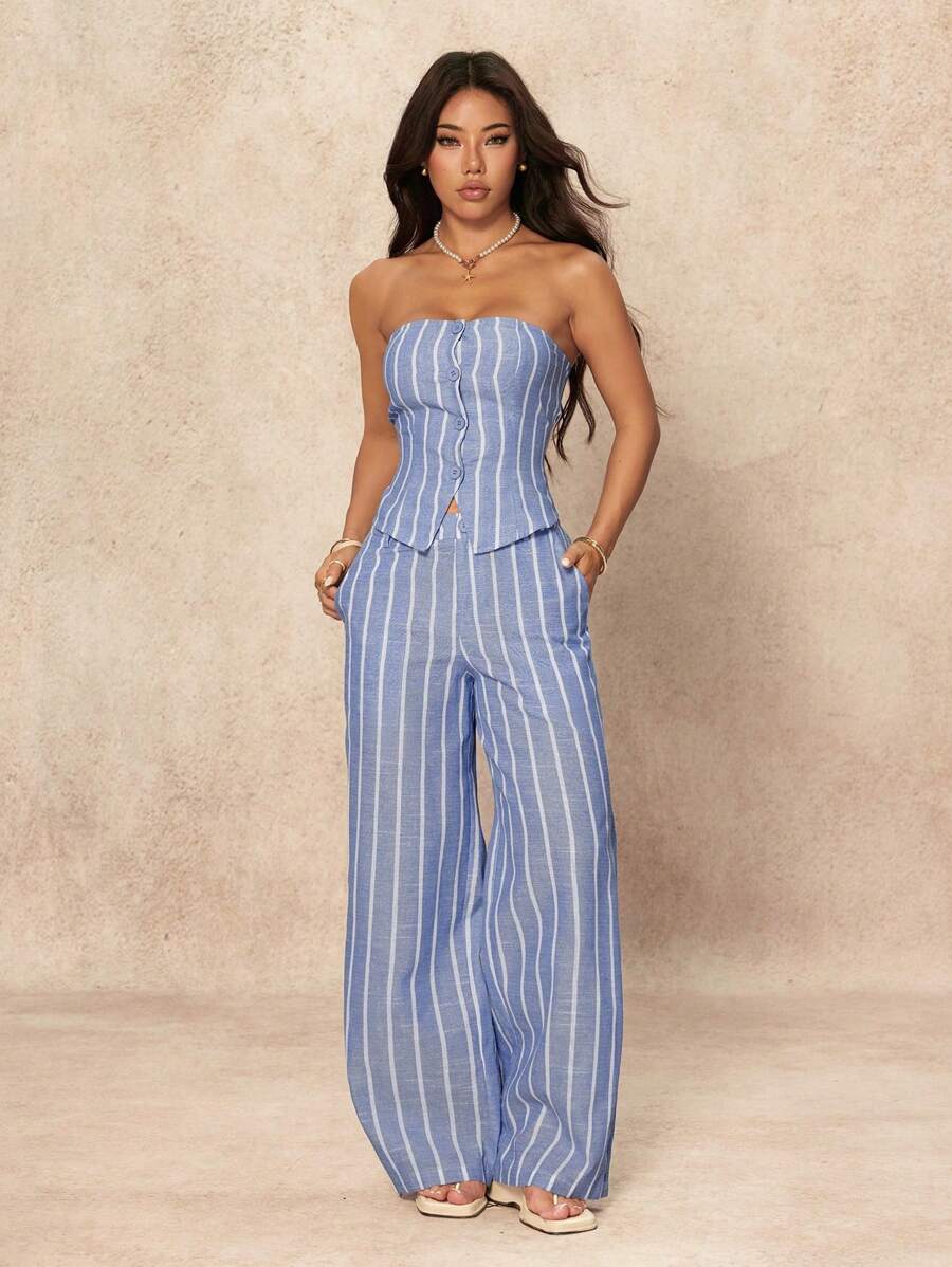 SHEIN PETITE 2 Peças Conjunto de Top Tubinho Listrado Minimalista e Calça Pantalona Feminino, Estilo Commuter, Verão
