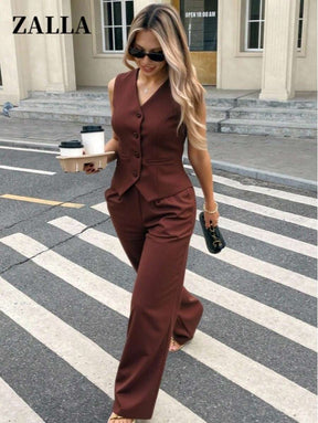 Zalla Conjunto colete curto e calça de alfaiataria feminino com botões social e elegante
