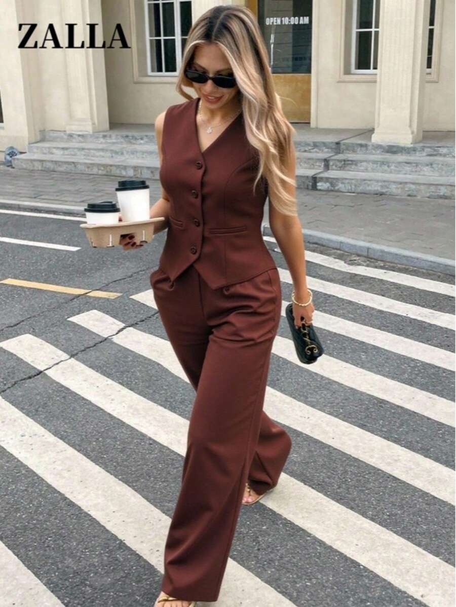 Zalla Conjunto colete curto e calça de alfaiataria feminino com botões social e elegante