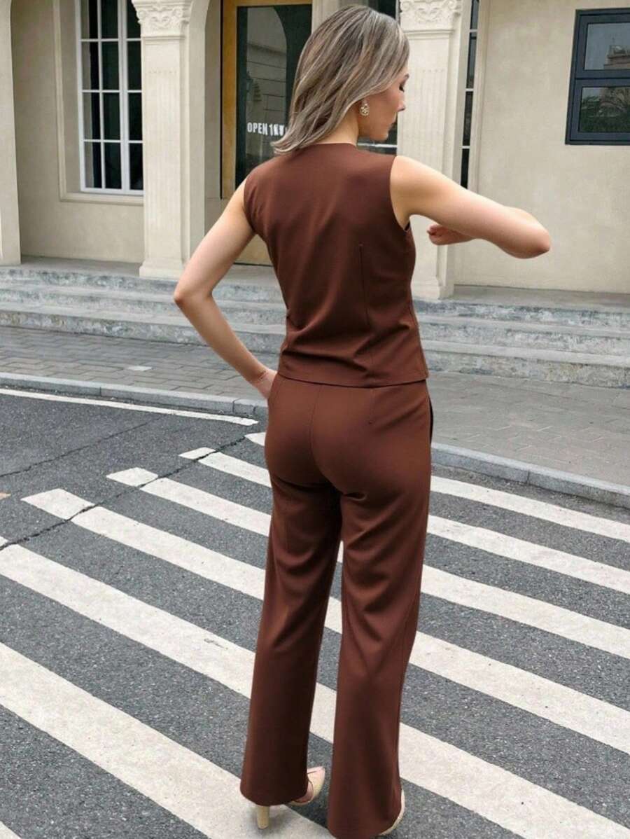 Zalla Conjunto colete curto e calça de alfaiataria feminino com botões social e elegante