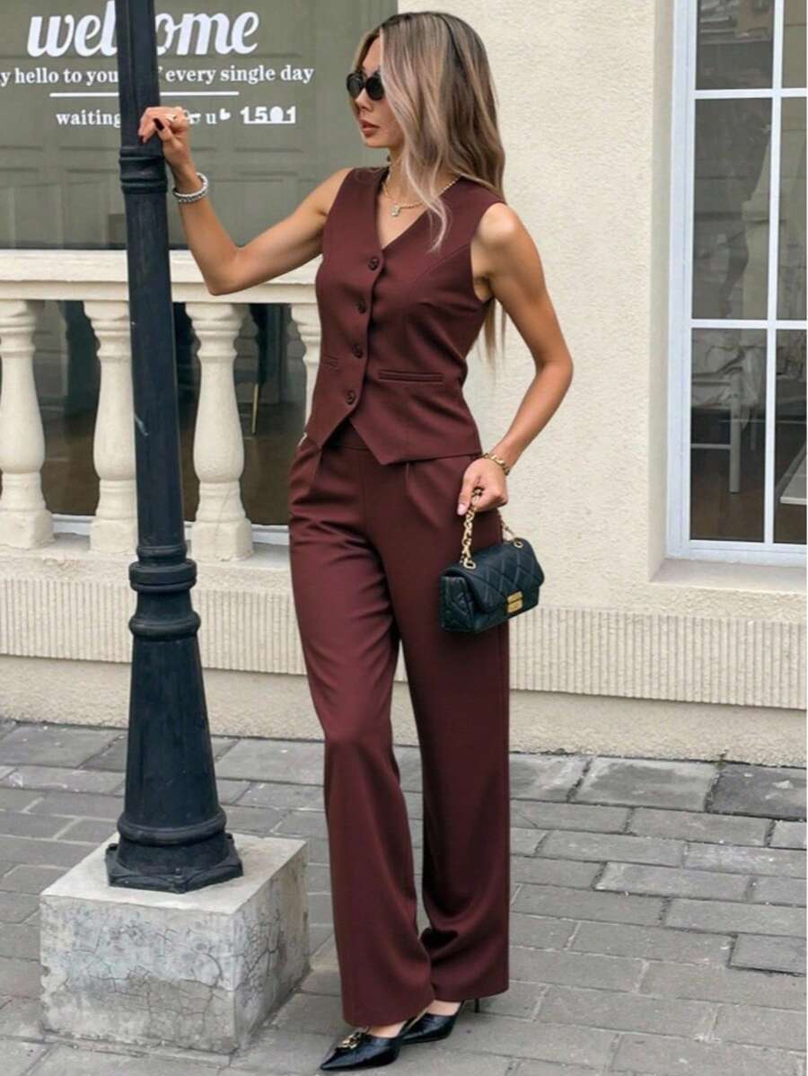 Zalla Conjunto colete curto e calça de alfaiataria feminino com botões social e elegante