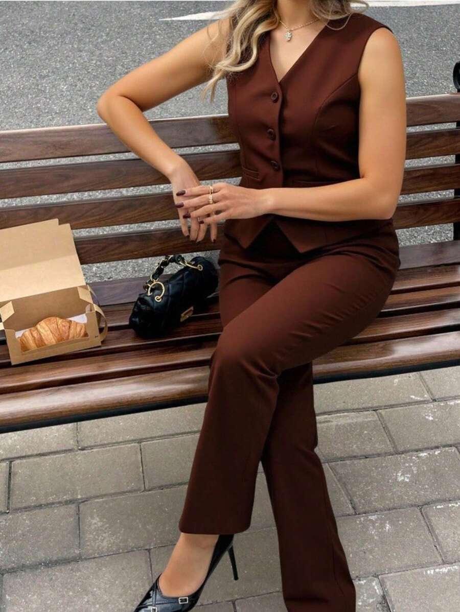 Zalla Conjunto colete curto e calça de alfaiataria feminino com botões social e elegante