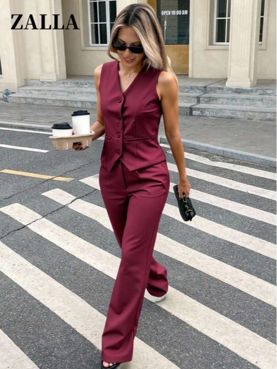 Zalla Conjunto colete curto e calça de alfaiataria feminino com botões social e elegante