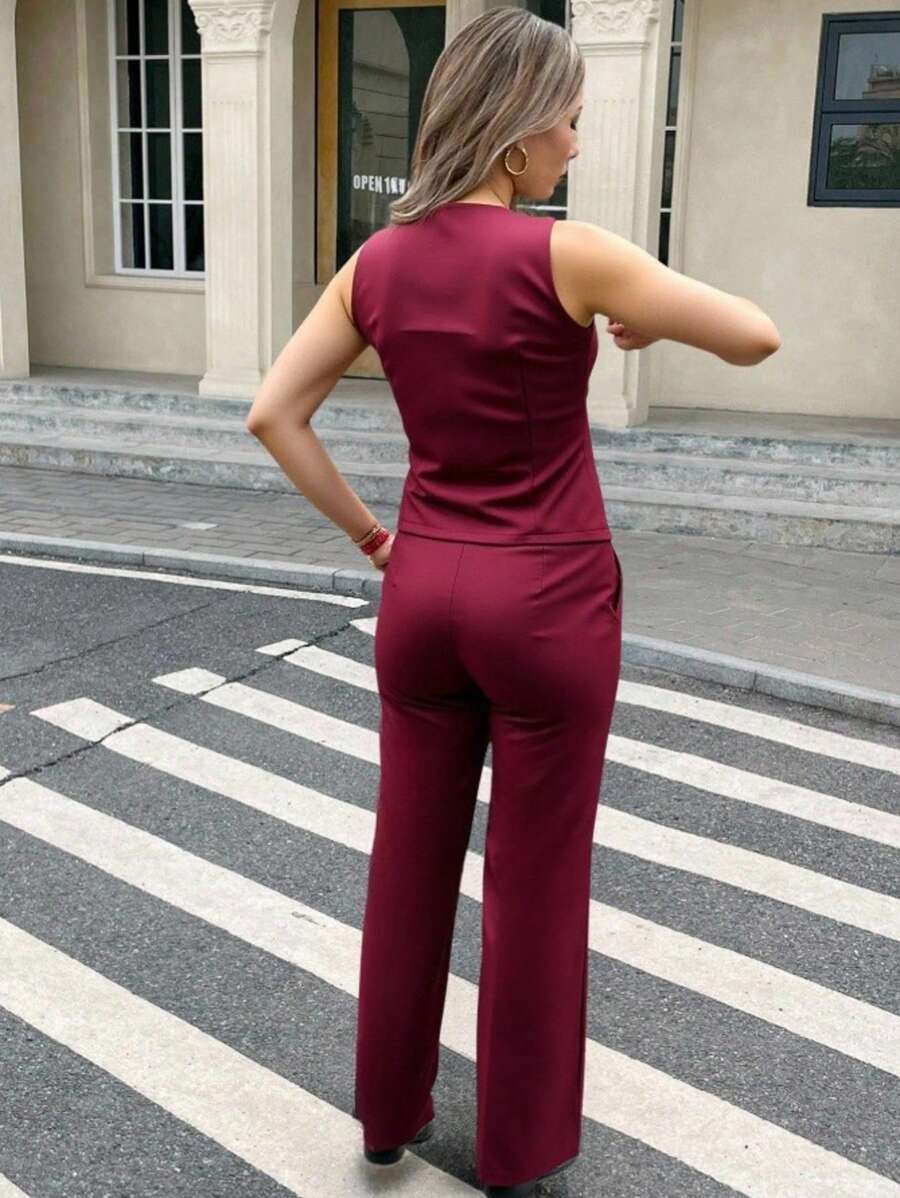 Zalla Conjunto colete curto e calça de alfaiataria feminino com botões social e elegante