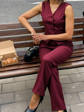 Zalla Conjunto colete curto e calça de alfaiataria feminino com botões social e elegante