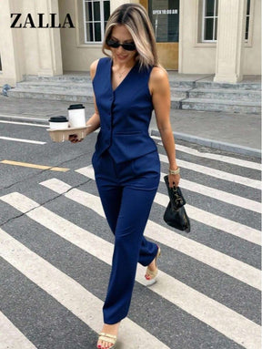 Zalla Conjunto colete curto e calça de alfaiataria feminino com botões social e elegante
