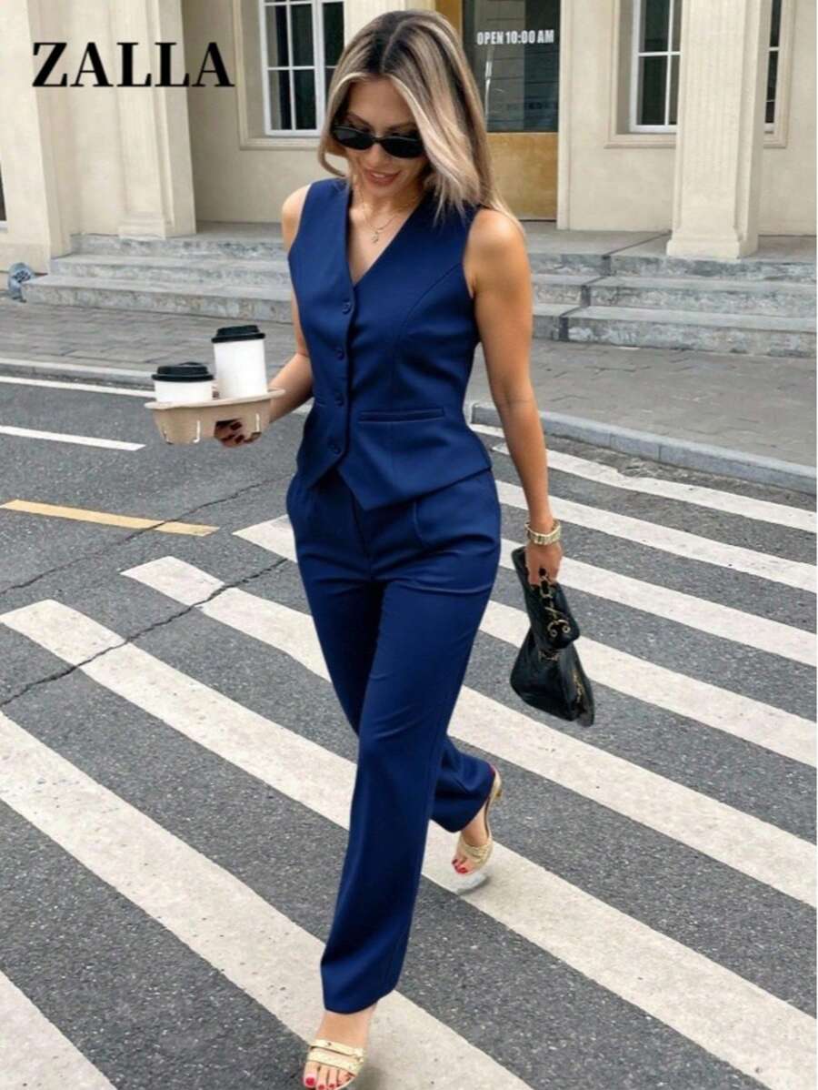 Zalla Conjunto colete curto e calça de alfaiataria feminino com botões social e elegante