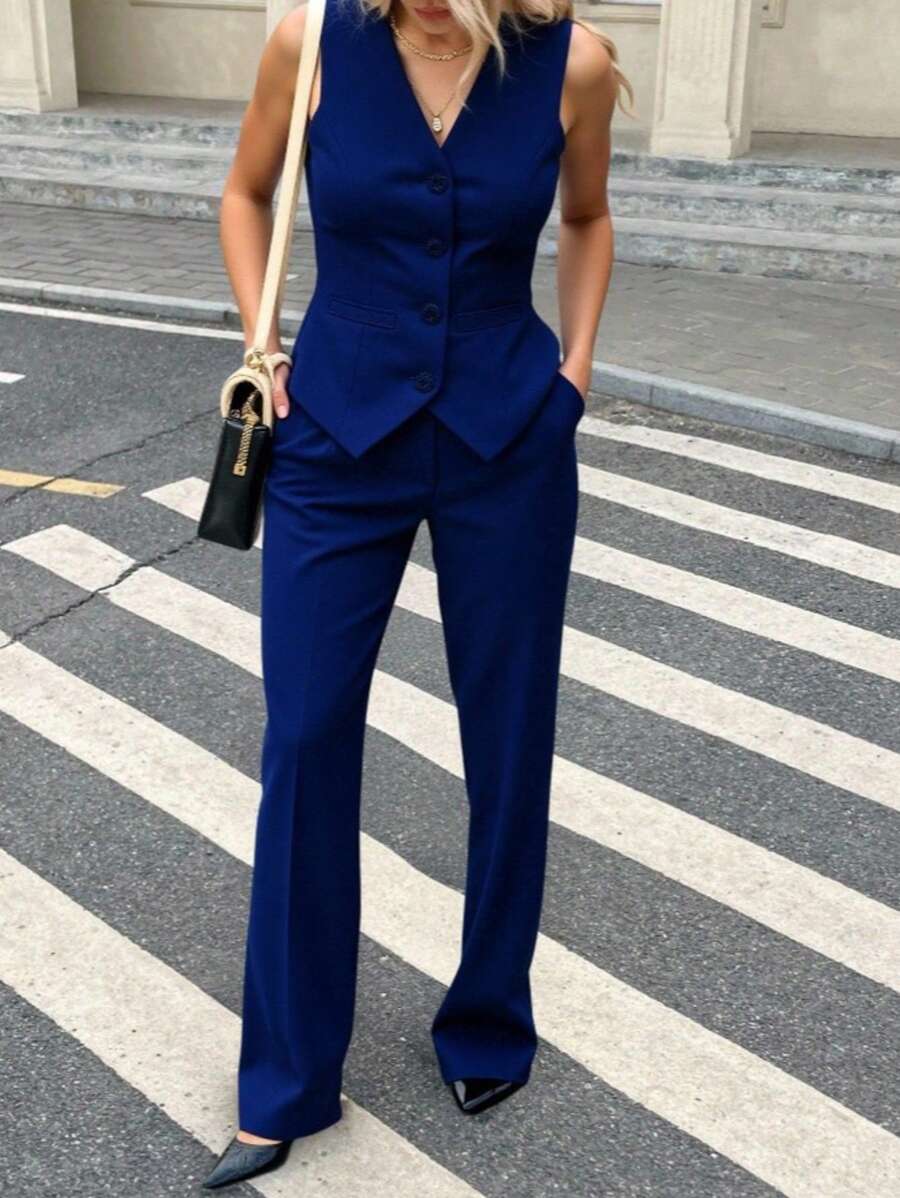 Zalla Conjunto colete curto e calça de alfaiataria feminino com botões social e elegante