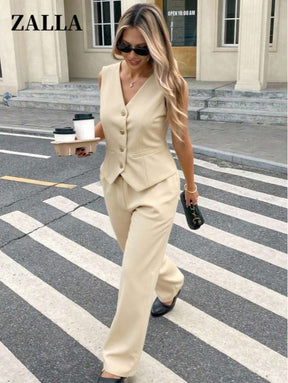 Zalla Conjunto colete curto e calça de alfaiataria feminino com botões social e elegante