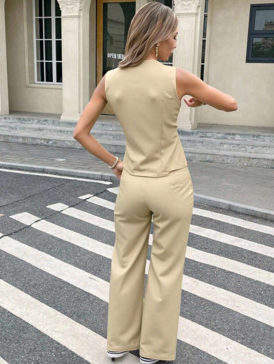 Zalla Conjunto colete curto e calça de alfaiataria feminino com botões social e elegante