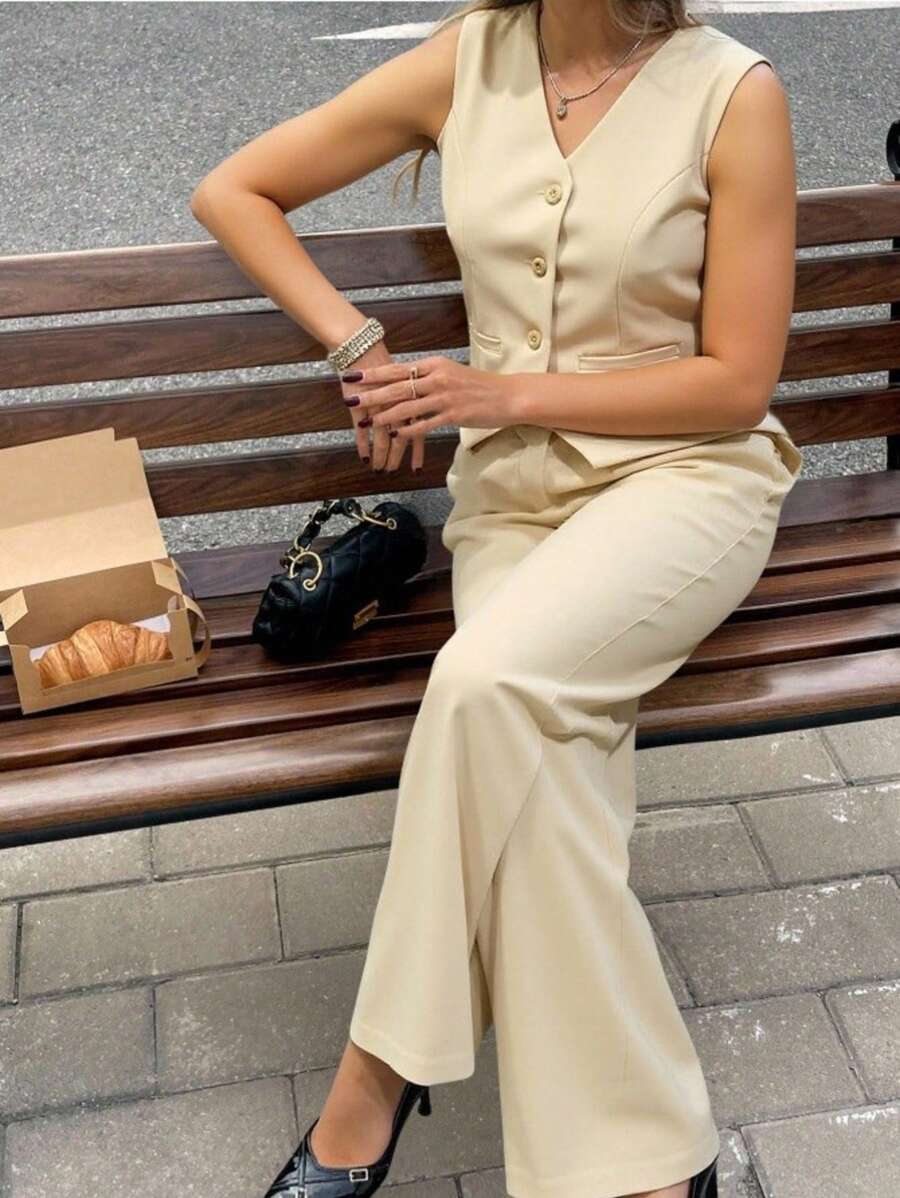 Zalla Conjunto colete curto e calça de alfaiataria feminino com botões social e elegante