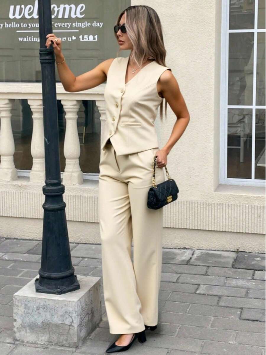 Zalla Conjunto colete curto e calça de alfaiataria feminino com botões social e elegante