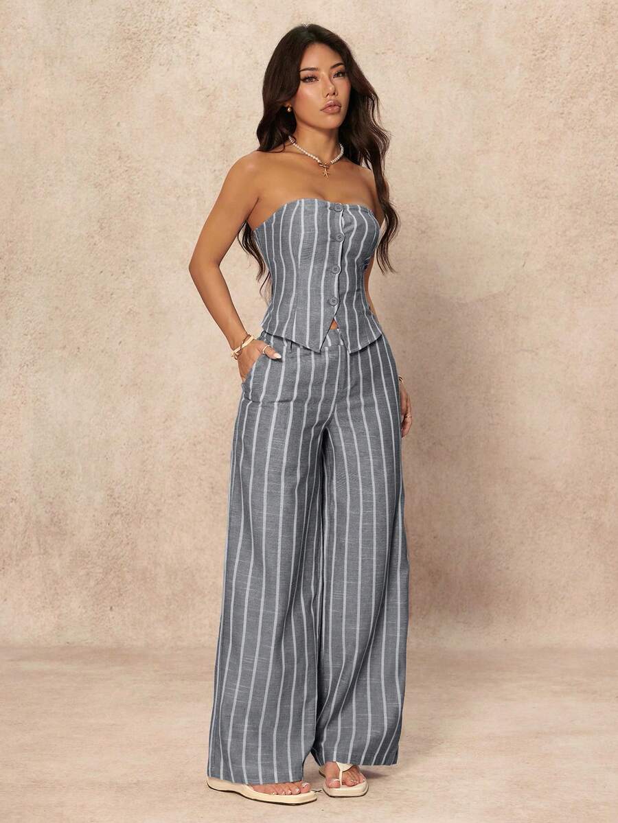 SHEIN PETITE 2 Peças Conjunto de Top Tubinho Listrado Minimalista e Calça Pantalona Feminino, Estilo Commuter, Verão