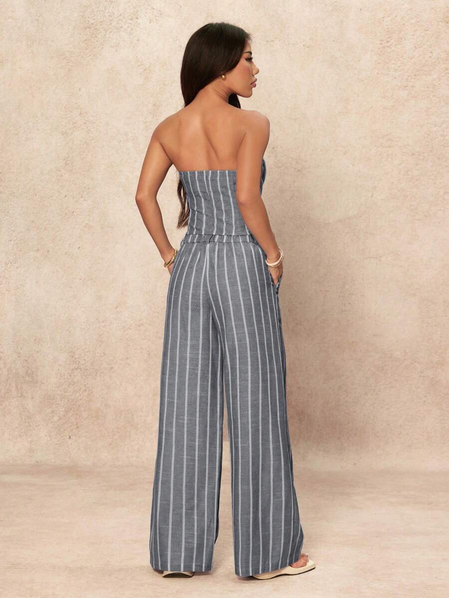 SHEIN PETITE 2 Peças Conjunto de Top Tubinho Listrado Minimalista e Calça Pantalona Feminino, Estilo Commuter, Verão