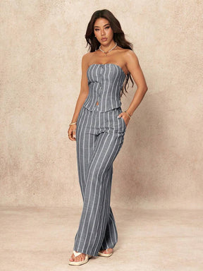 SHEIN PETITE 2 Peças Conjunto de Top Tubinho Listrado Minimalista e Calça Pantalona Feminino, Estilo Commuter, Verão
